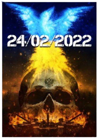 Czaszka ze skrzydłami anioła, otoczona ogniem i datą 24/02/2022.